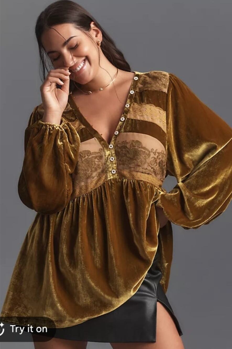 Anthropologie Oversized Crushed Velvet Lace Babydoll Tunic Gold Boho Romantic Sm